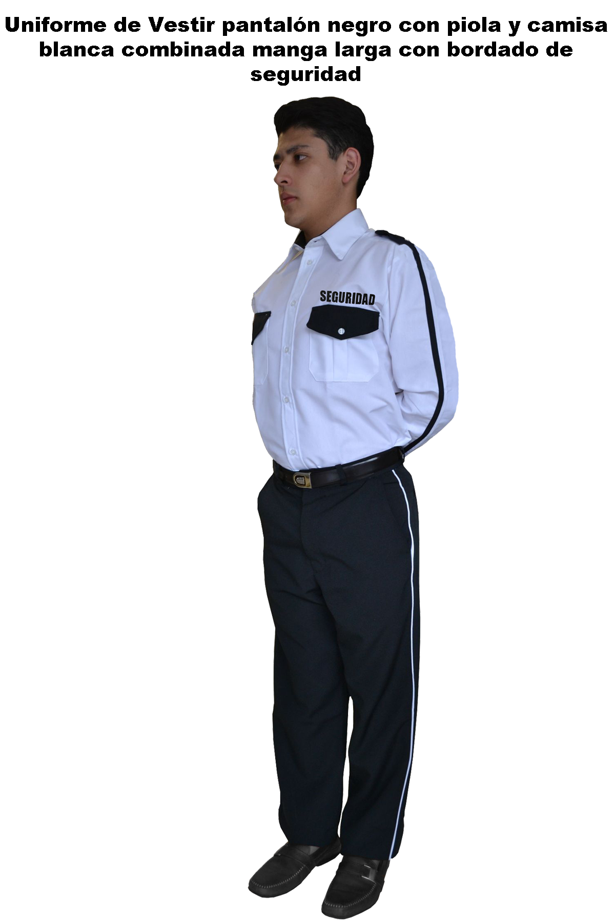 Uniforme de vestir negro con piola camisa blanca combinada manga larga