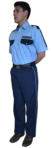 Uniforme de Vestir pantalón azul marino con piola y camisa azul cielo combinada manga corta con bordado de seguridad